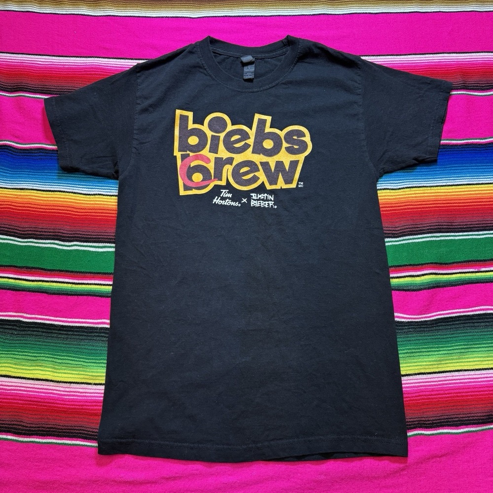 💣2/$20 Biebs Crew Shirt Adult S Black Justin Bieber x‎ Tim Hortons